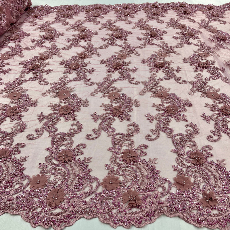 3D Beaded Floral Lace Fabric Embroidered on 100% Polyester Net Mesh | Lace USA - GD-2303