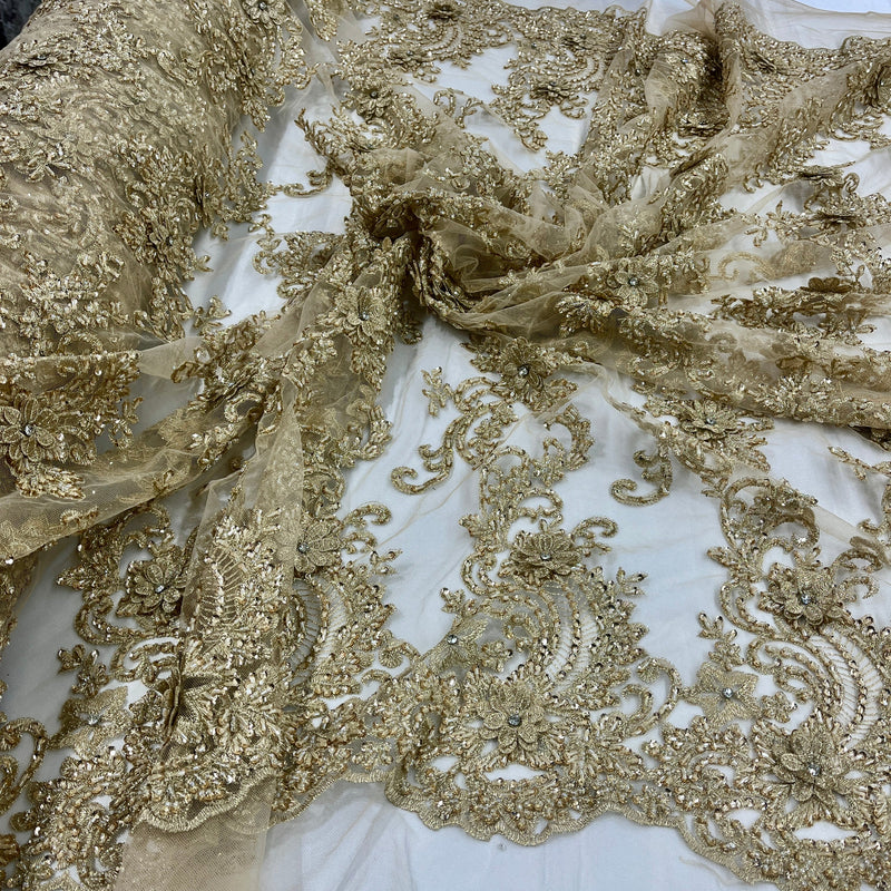 Beaded 3D Floral Lace Fabric Embroidered on 100% Polyester Net Mesh | Spandex Palace- GD-2302