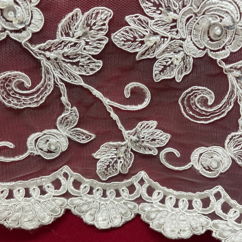 Beaded & Corded Bridal Lace Fabric Embroidered on 100% Polyester Net Mesh | Spandex Palace- 95042W-BP