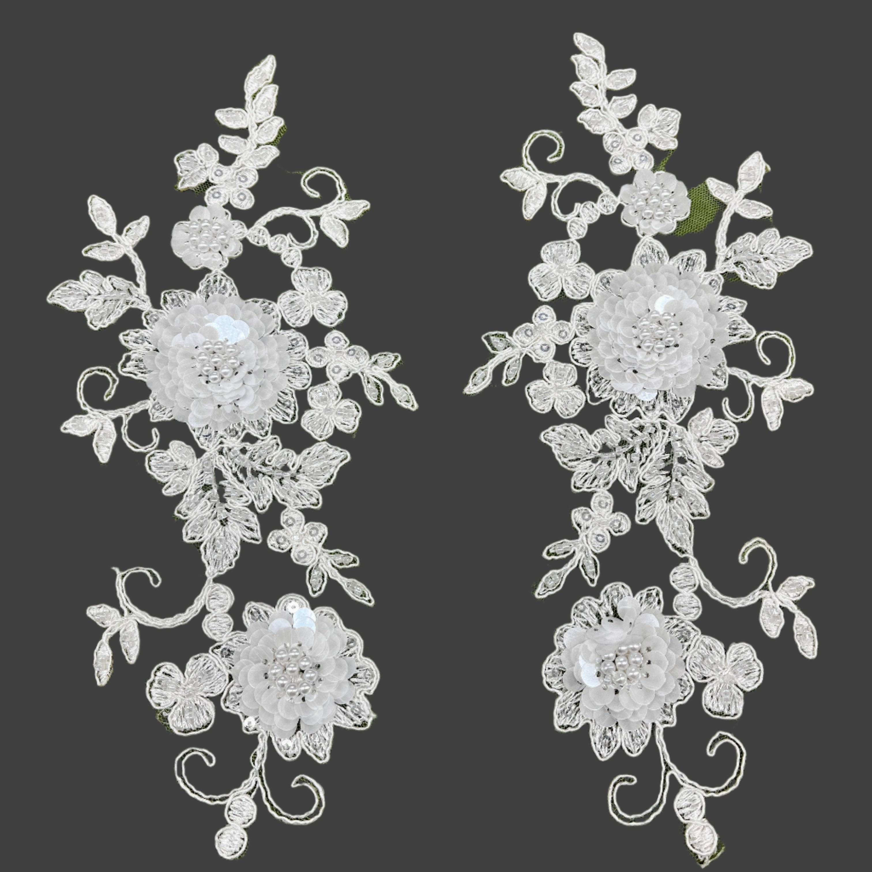 Beaded & Corded Floral 3D Lace Applique Embroidered on 100% Polyester Net Mesh | Spandex Palace - 97229W-HB