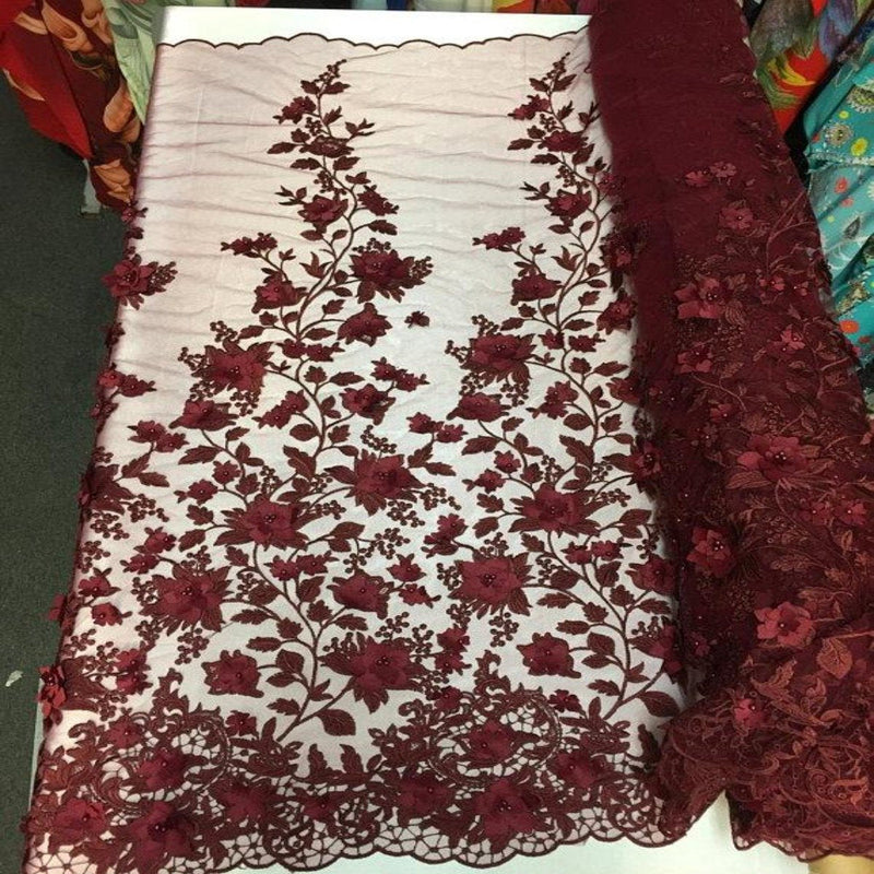 Red 3D Embroidered Satin Floral Pearl Lace Fabric