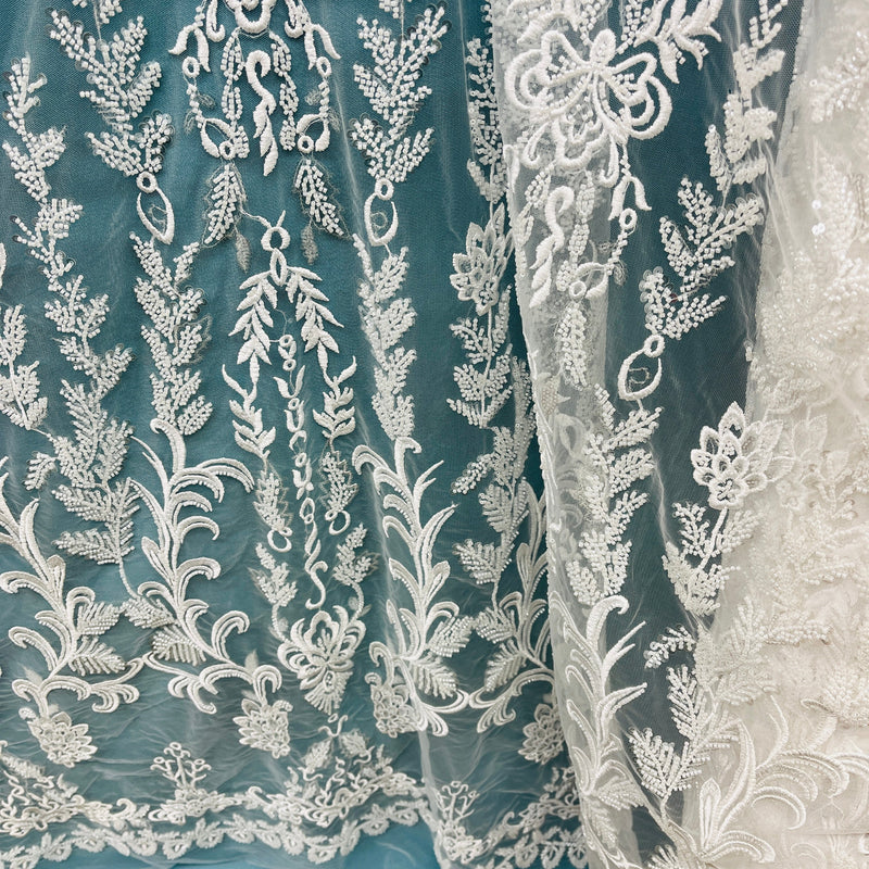 Beaded Lace Fabric Embroidered on 100% Polyester Net Mesh | Spandex Palace- GD-237303