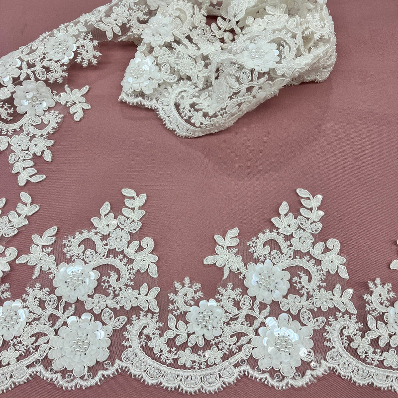 Beaded & Corded Floral Lace Trimming Embroidered on 100% Polyester Net Mesh | Lace USA - 97223W-HB