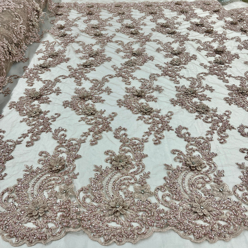 Beaded 3D Floral Lace Fabric Embroidered on 100% Polyester Net Mesh | Spandex Palace- GD-2302