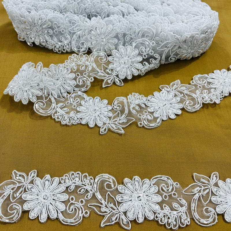 Beaded & Corded Lace Trimming Embroidered on 100% Polyester Organza  | Spandex Palace