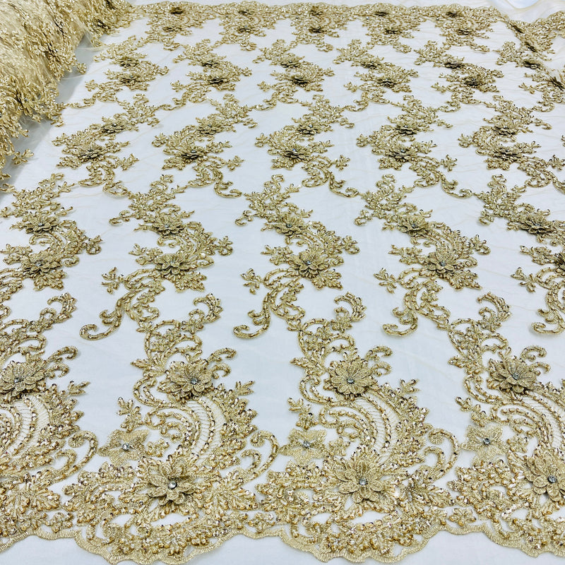 Beaded 3D Floral Lace Fabric Embroidered on 100% Polyester Net Mesh | Spandex Palace- GD-2302