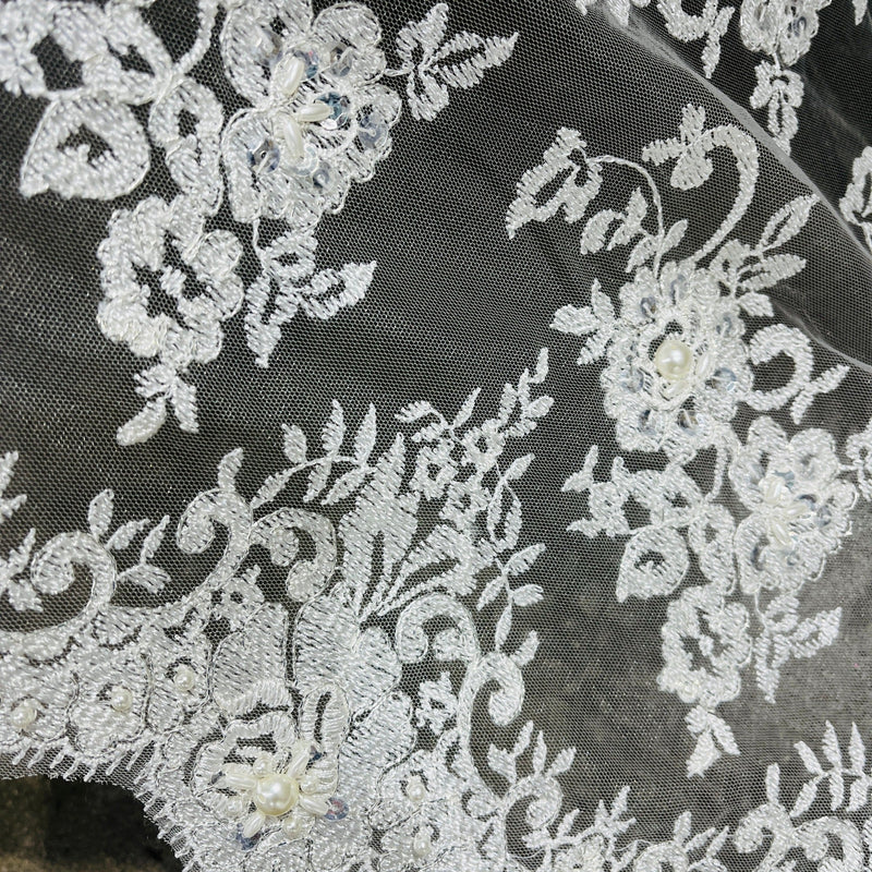 Beaded Lace Fabric Embroidered on 100% Polyester Net Mesh | Lace USA - 96682W-BP