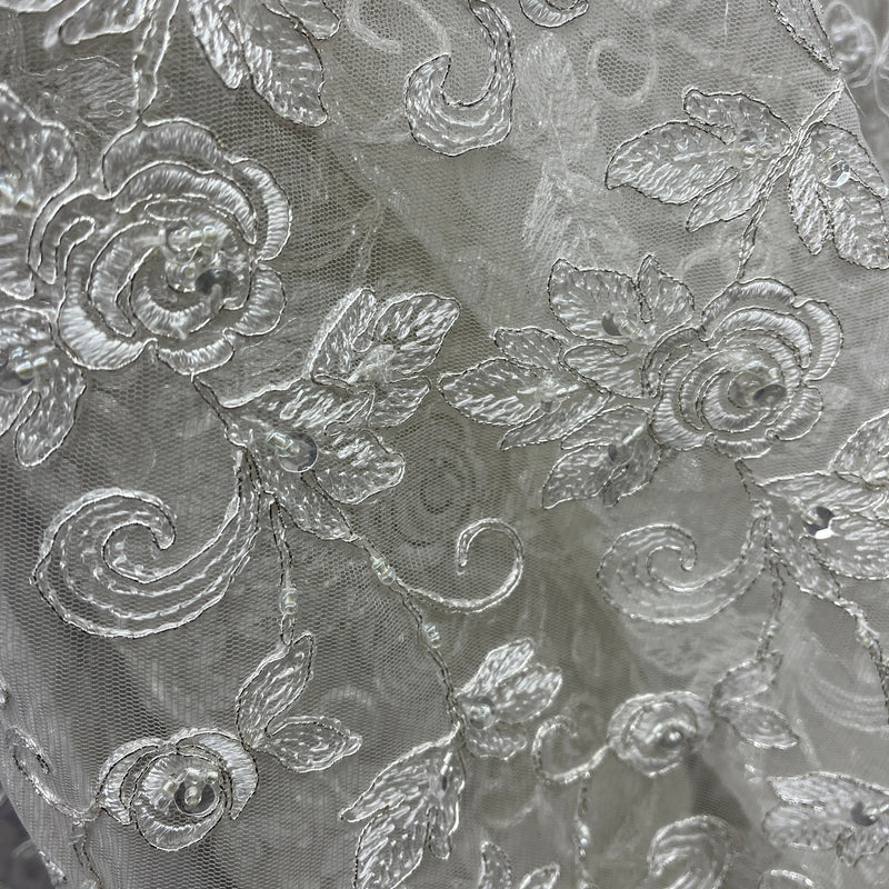 Beaded & Corded Bridal Lace Fabric Embroidered on 100% Polyester Net Mesh | Spandex Palace- 95042W-BP