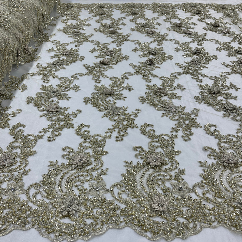 Beaded 3D Floral Lace Fabric Embroidered on 100% Polyester Net Mesh | Lace USA - GD-2302