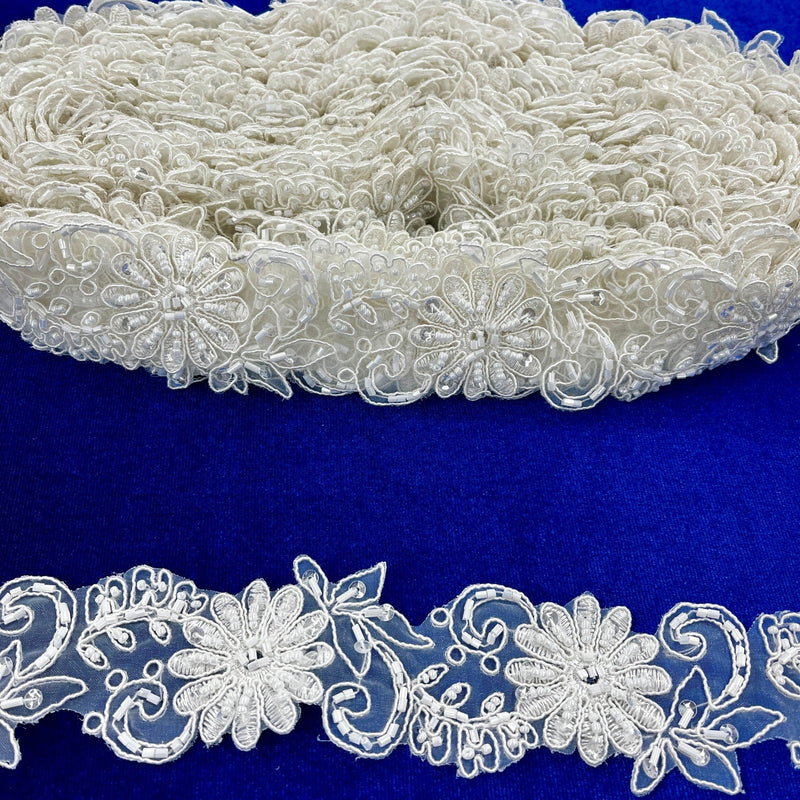 Beaded & Corded Lace Trimming Embroidered on 100% Polyester Organza  | Spandex Palace