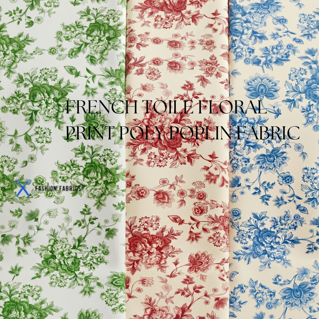 French Toile Floral Print Poly Poplin Fabric