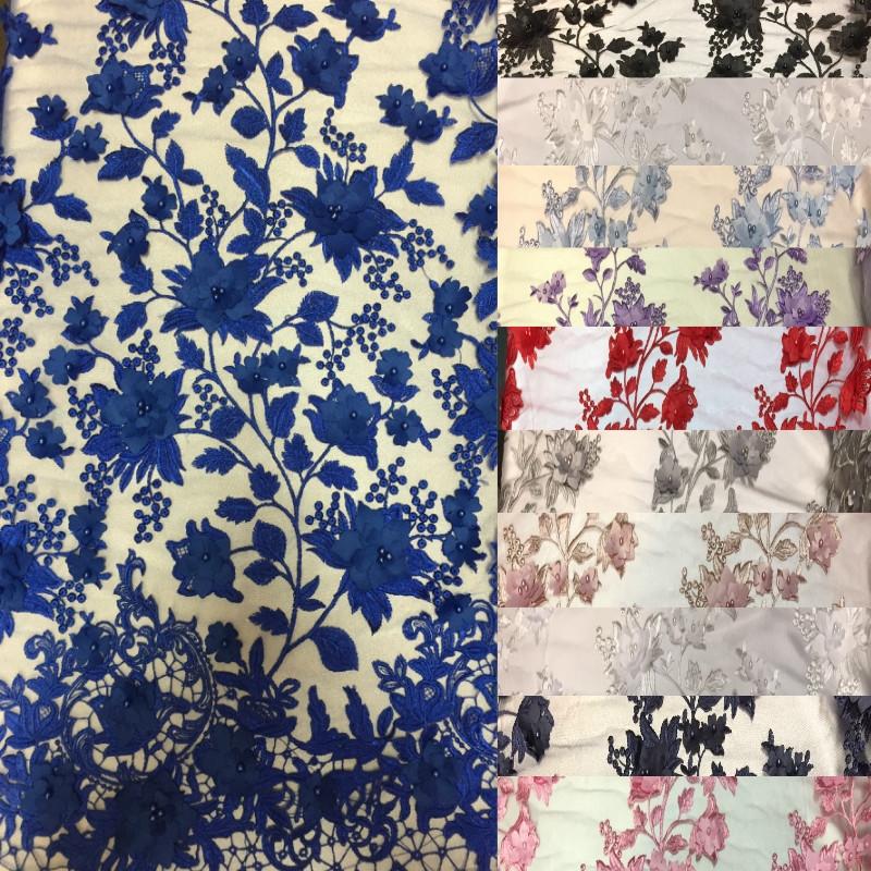 Royal Blue 3D Embroidered Satin Floral Pearl Lace Fabric