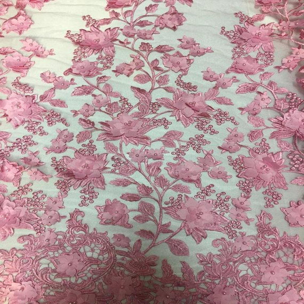 Pink 3D Embroidered Satin Floral Pearl Lace Fabric