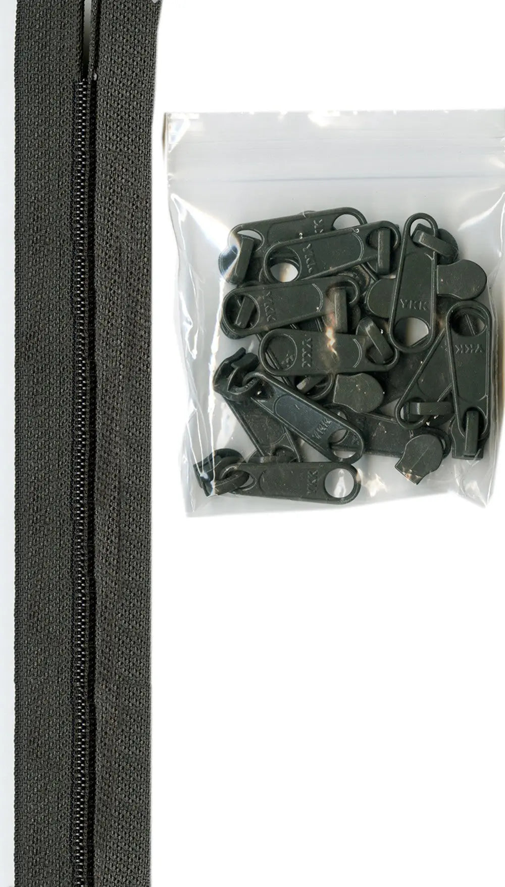 4 yards of 16mm #4.5 zipper chain and 16 Extra-Large Coordinated Pulls Slate Gra