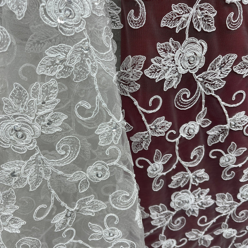 Beaded & Corded Bridal Lace Fabric Embroidered on 100% Polyester Net Mesh | Spandex Palace- 95042W-BP