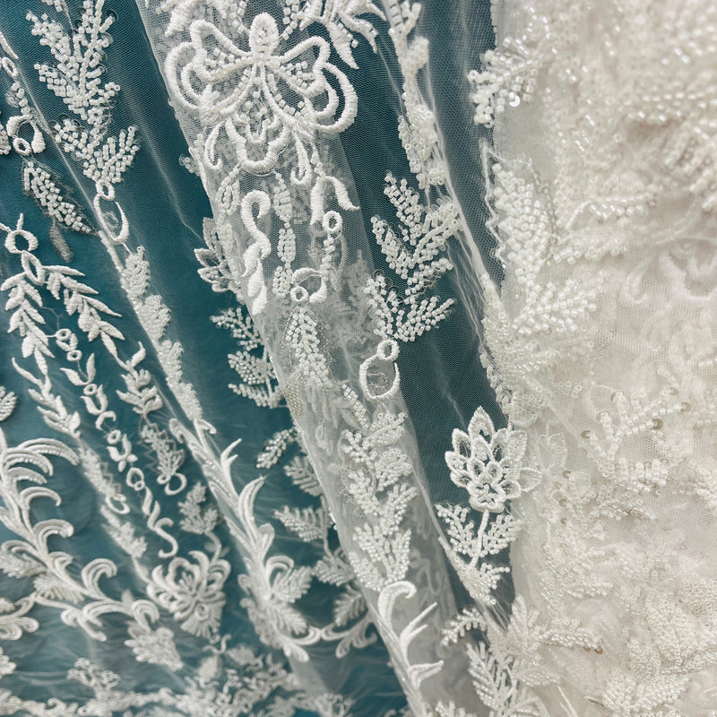 Beaded Lace Fabric Embroidered on 100% Polyester Net Mesh | Spandex Palace- GD-237303