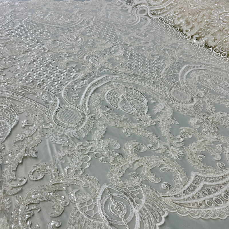 Beaded & Corded Bridal Lace Fabric Embroidered on 100% Polyester Net Mesh | Spandex Palace