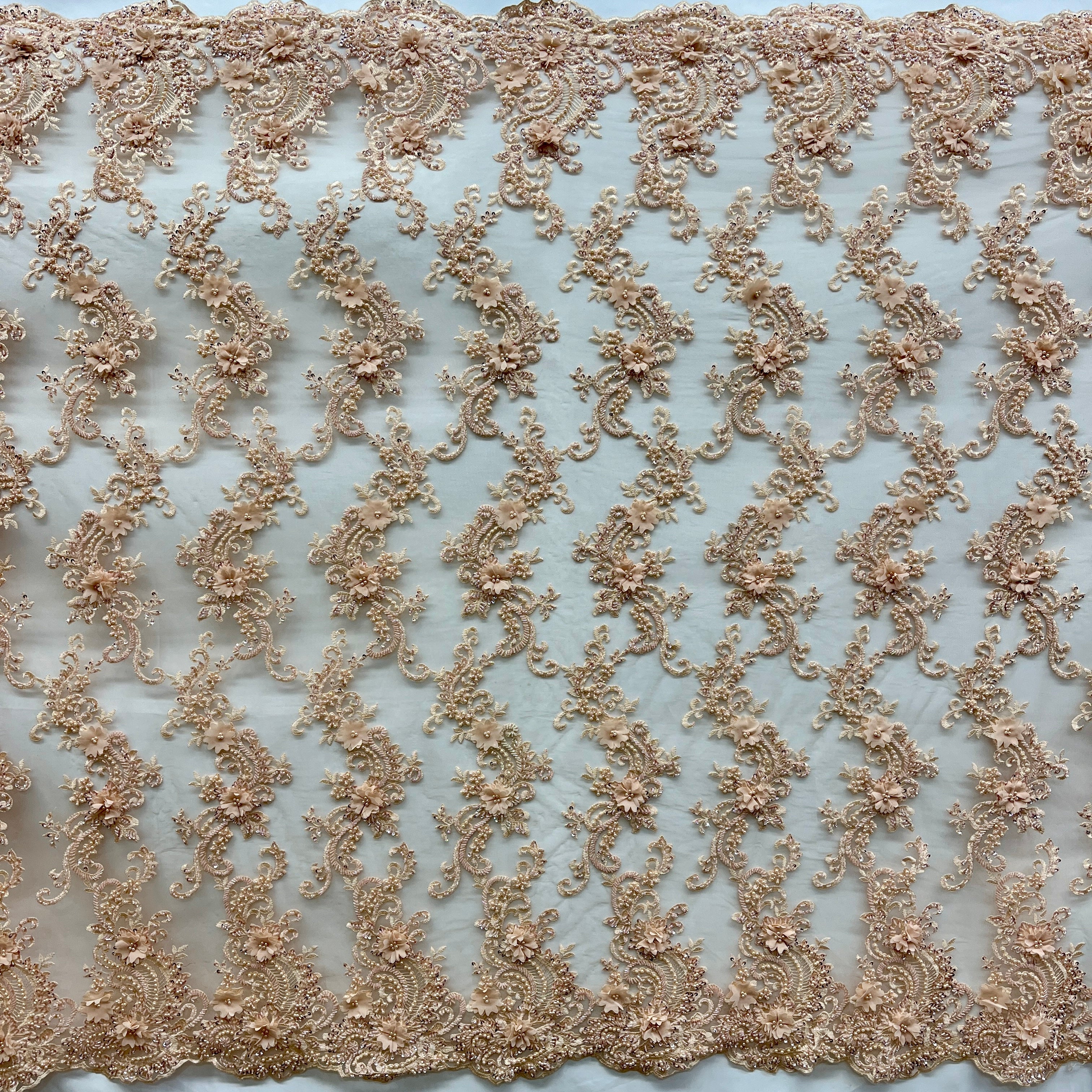3D Beaded Floral Lace Fabric Embroidered on 100% Polyester Net Mesh | Spandex Palace
