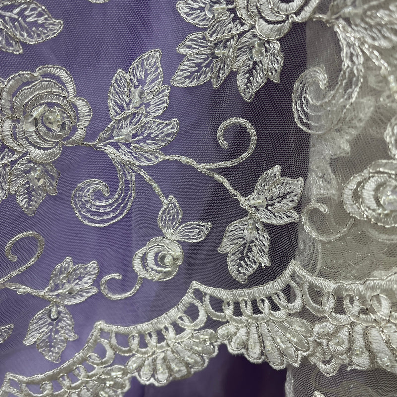 Beaded & Corded Bridal Lace Fabric Embroidered on 100% Polyester Net Mesh | Spandex Palace- 95042W-BP