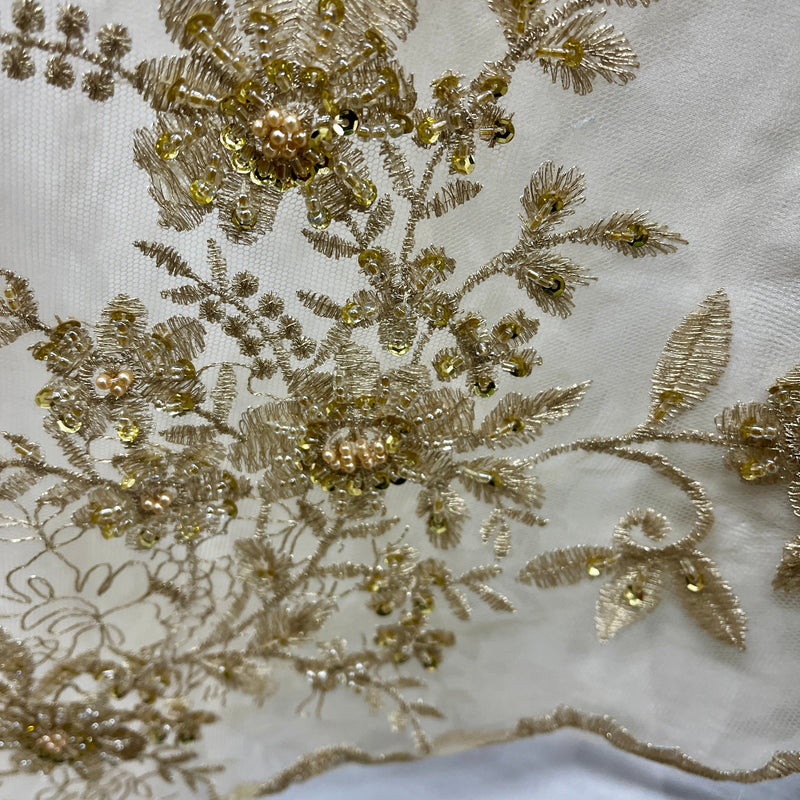 Beaded Floral Lace Fabric Embroidered on 100% Polyester Net Mesh | Lace USA - GD-18614