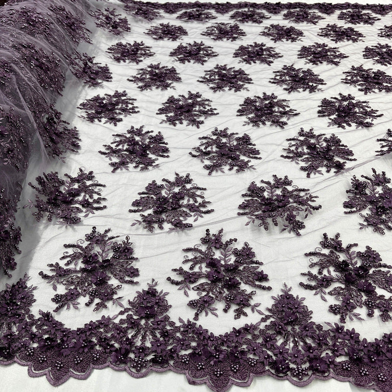 Beaded 3D Floral Lace Fabric Embroidered on 100% Polyester Net Mesh | Spandex Palace