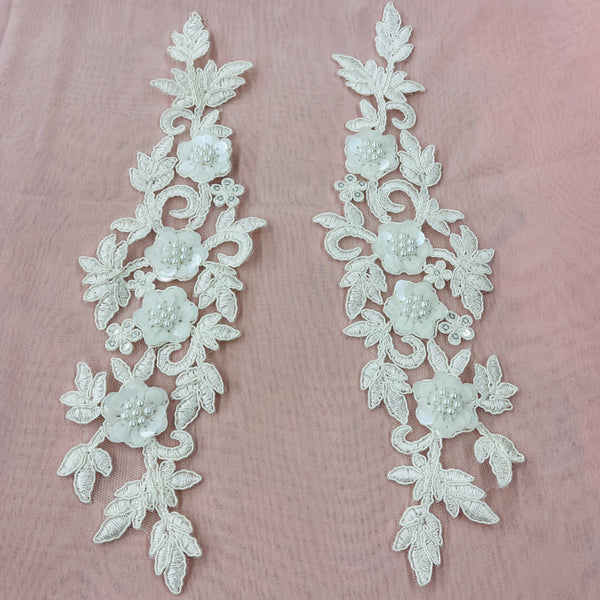 Beaded & Corded Floral 3D Lace Applique Embroidered on 100% Polyester Net Mesh | Spandex Palace - 97228W-HB