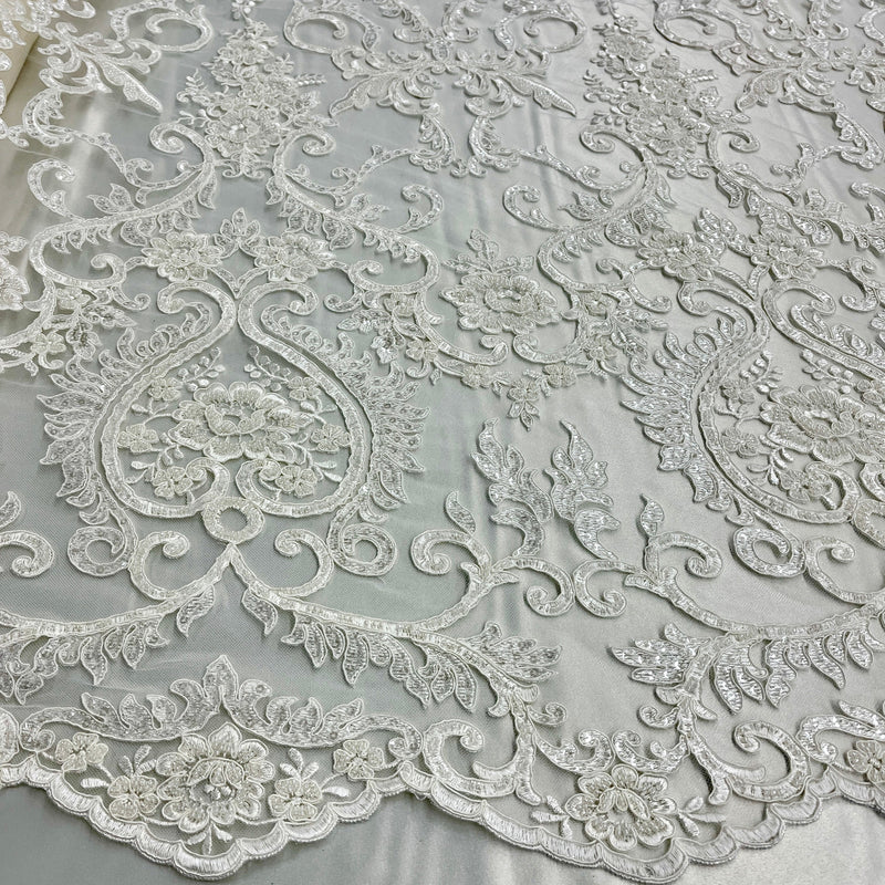 Beaded & Corded Bridal Lace Fabric Embroidered on 100% Polyester Net Mesh | Spandex Palace - GD-55719