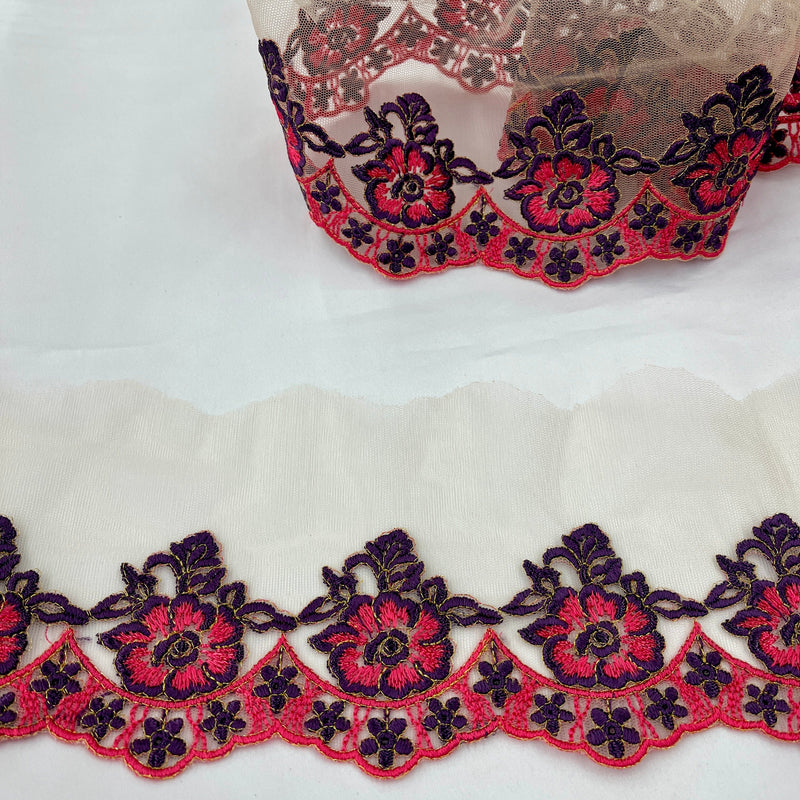 Colorful Floral Lace Trimming Embroidered on 100% Polyester Net Mesh | Spandex Palace- 21902W