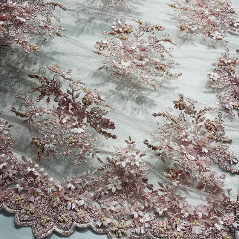 Beaded 3D Floral Lace Fabric Embroidered on 100% Polyester Net Mesh | 