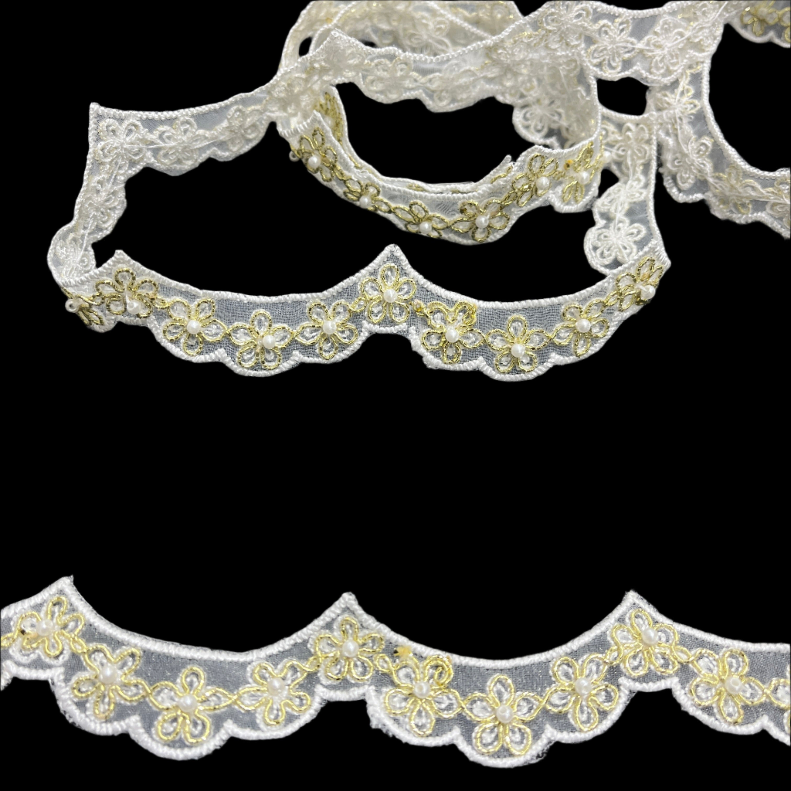 Beaded & Corded Lace Trimming Embroidered on 100% Polyester Net Mesh | Spandex Palace- 96758N-BP