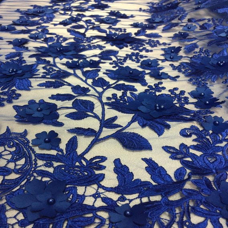 3D Embroidered Satin Floral Pearl Lace Fabric