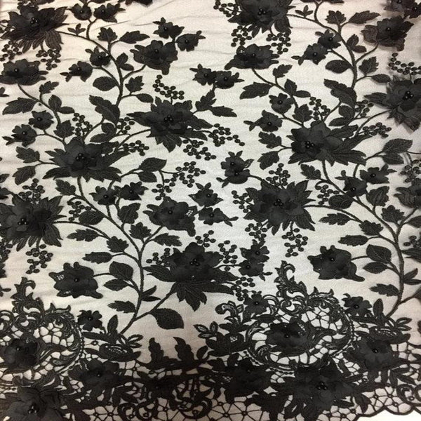 Black 3D Embroidered Satin Floral Pearl Lace Fabric