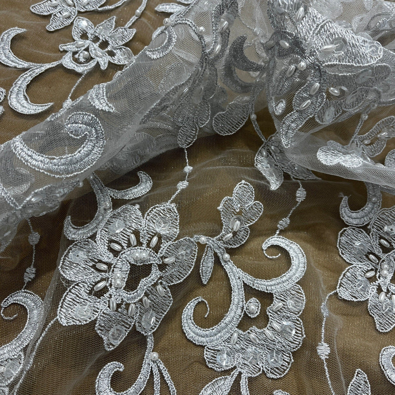 Beaded & Corded Bridal Lace Fabric Embroidered on 100% Polyester Net Mesh | Lace USA - 96297W-BP