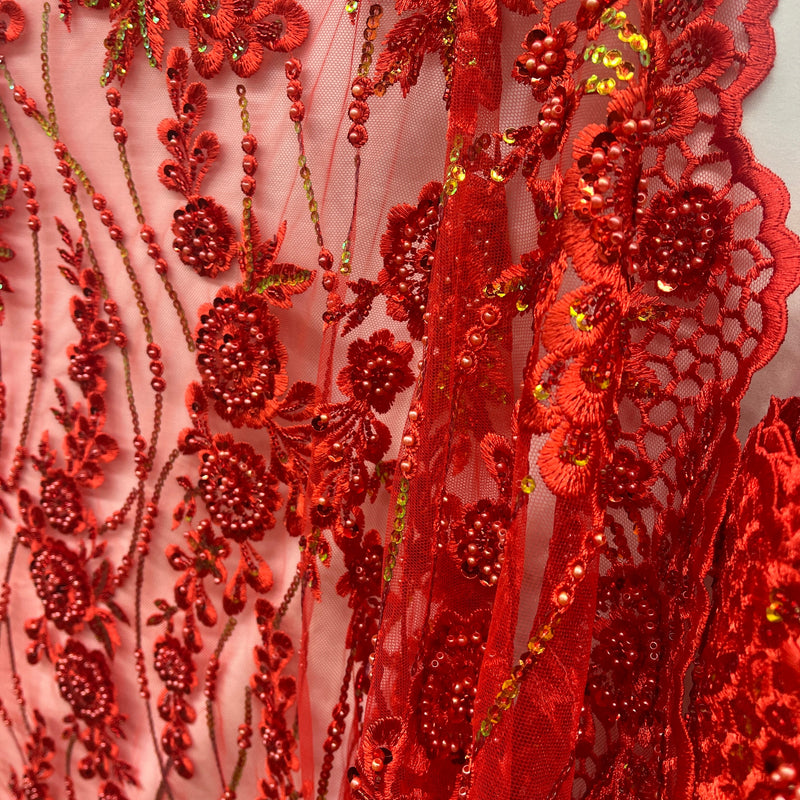 Beaded and Sequined Floral Sparkling Lace Fabric Embroidered on 100% Polyester Net Mesh| Spandex Palace