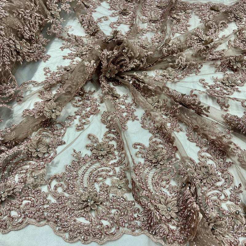 Beaded 3D Floral Lace Fabric Embroidered on 100% Polyester Net Mesh | Spandex Palace- GD-2302