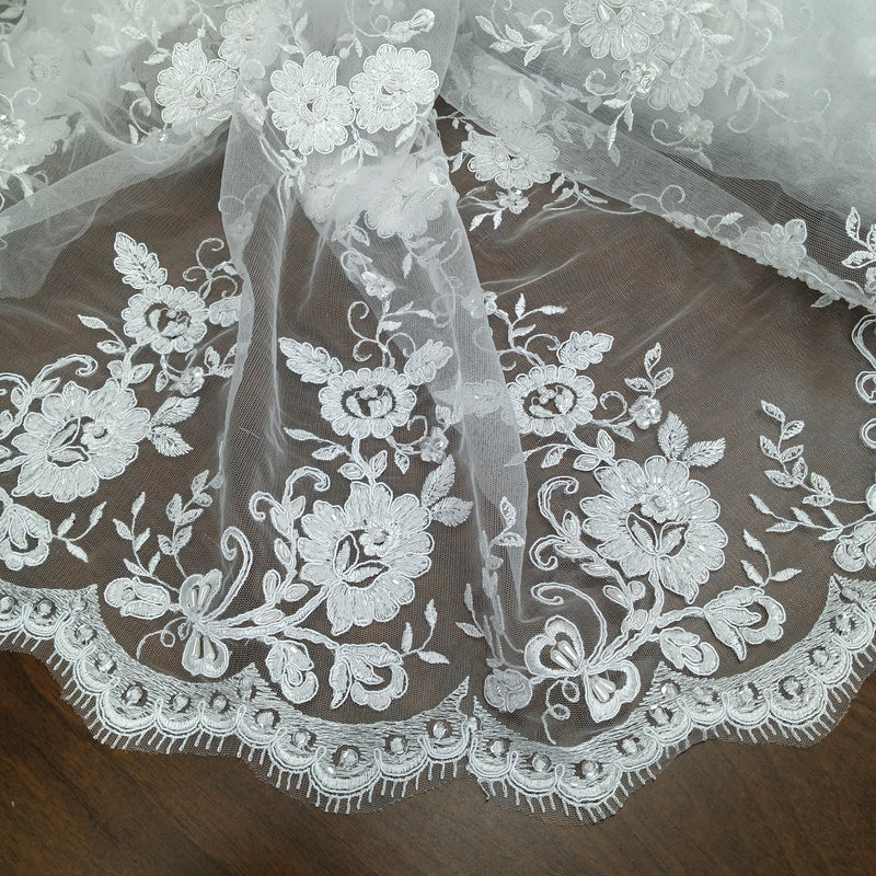 Beaded & Corded Bridal Lace Fabric Embroidered on 100% Polyester Net Mesh | Lace USA - 96529W-BP