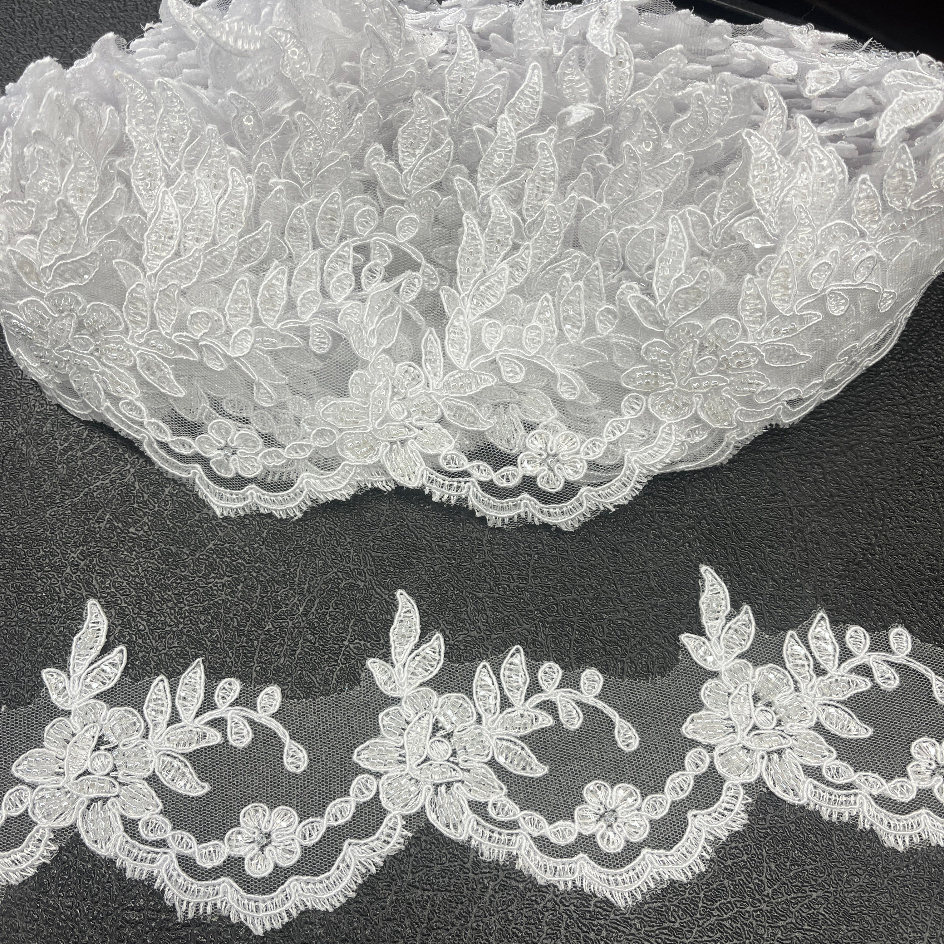 Beaded & Corded Lace Trimming Embroidered on 100% Polyester Net Mesh | Lace USA - 96665W-HB