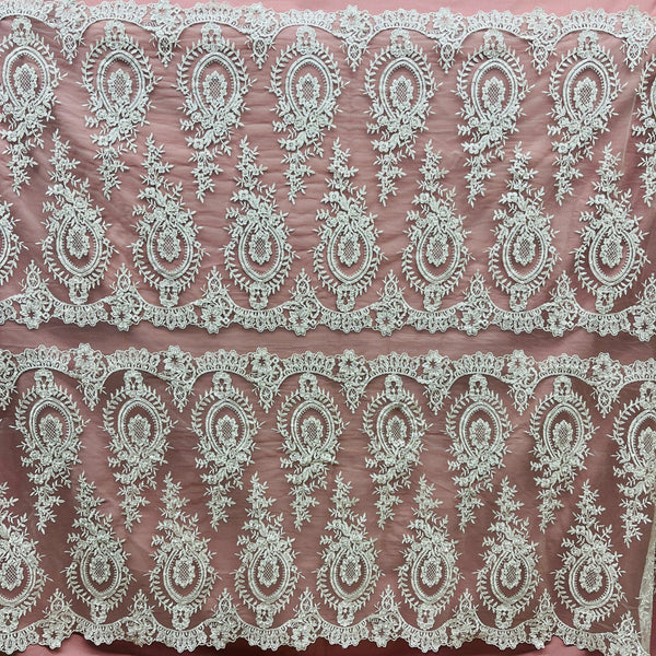 Beaded & Corded Lace Fabric Embroidered on 100% Polyester Net Mesh | Spandex Palace- 97055W-BPB