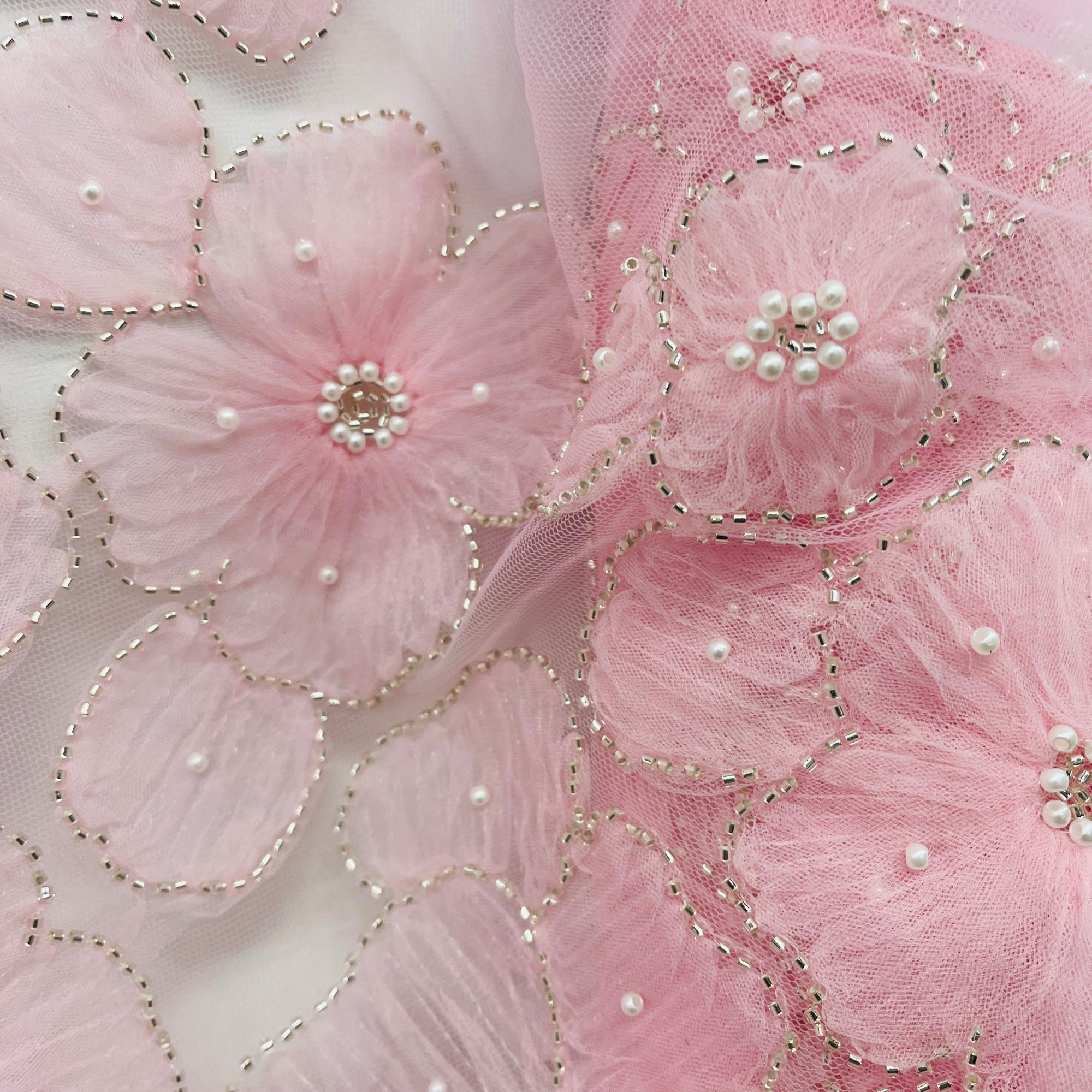 Beaded 3D Floral Lace Fabric Embroidered on 100% Polyester Net Mesh | Spandex Palace - GD-216