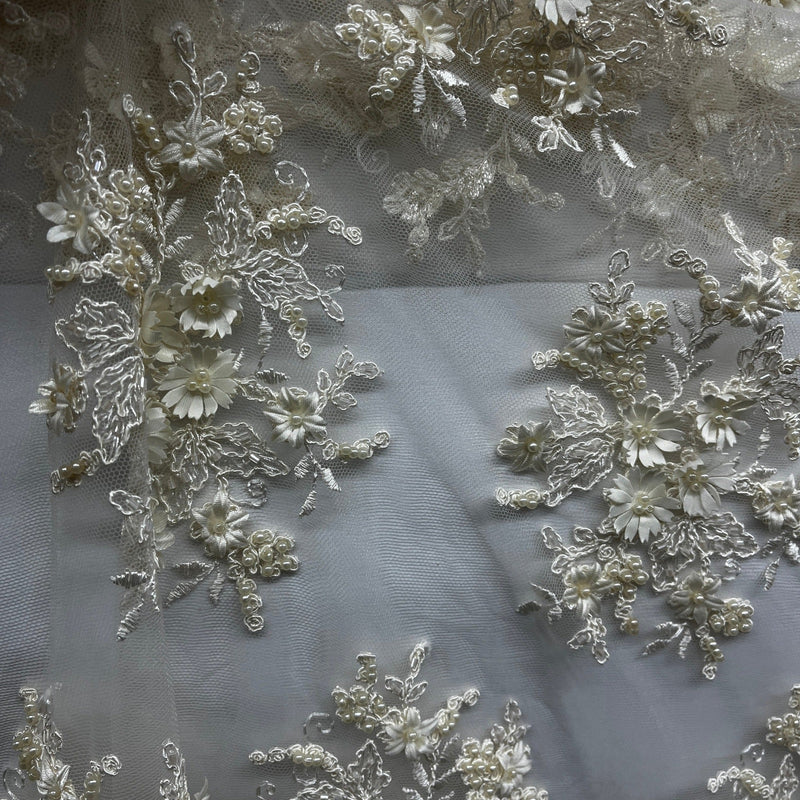 Beaded 3D Floral Lace Fabric Embroidered on 100% Polyester Net Mesh | Spandex Palace