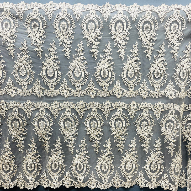 Beaded & Corded Lace Fabric Embroidered on 100% Polyester Net Mesh | Spandex Palace - 97055W-BPB