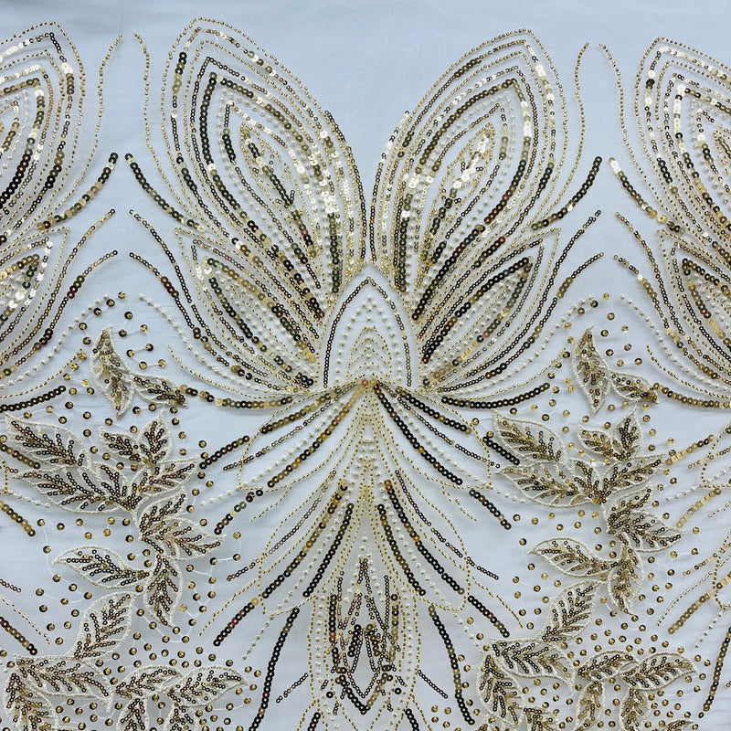 Beaded & Sequined Lace Fabric Embroidered on 100% Polyester Net Mesh | Spandex Palace - GD-2918