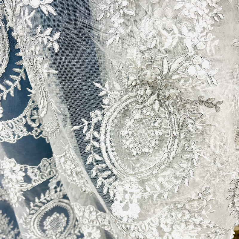 Beaded & Corded Lace Fabric Embroidered on 100% Polyester Net Mesh | Spandex Palace - 97055W-BPB