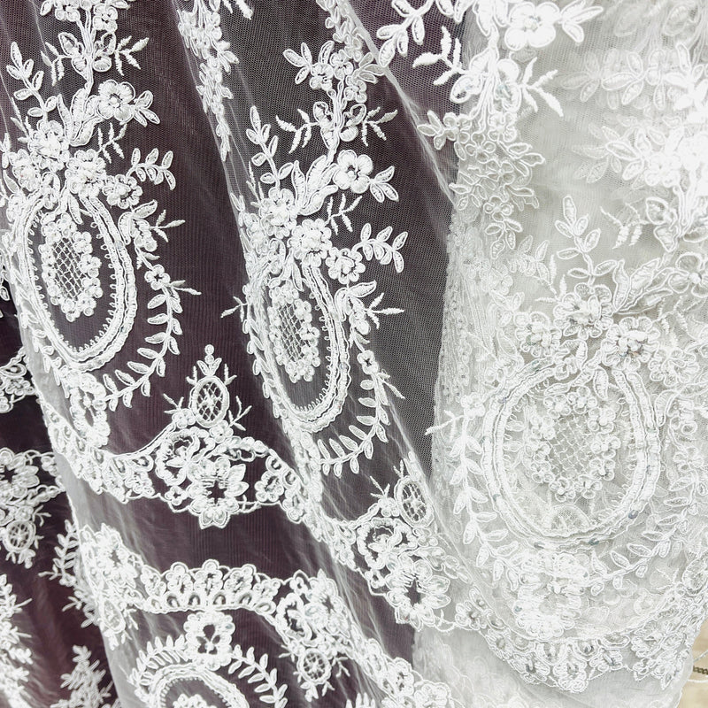 Beaded & Corded Lace Fabric Embroidered on 100% Polyester Net Mesh | Lace USA - 97055W-BPB