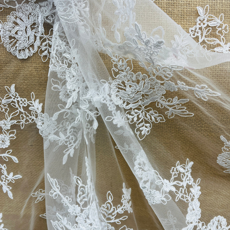 Corded Bridal Lace Fabric Embroidered on 100% Polyester Net Mesh |  Spandex Palace