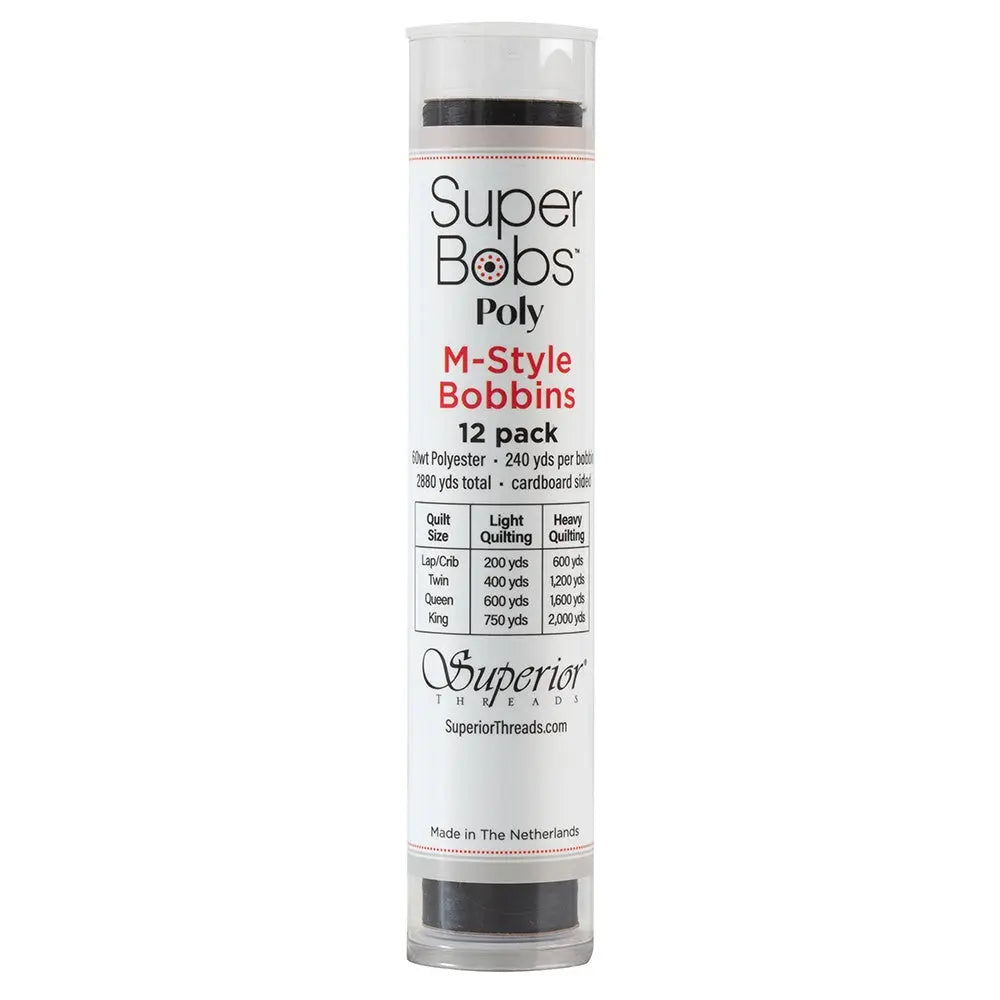 Super Bobs Poly #625 Black (M-Style) 12 pack pre-wound bobbins
