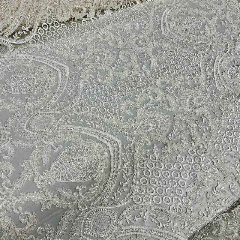 Beaded & Corded Bridal Lace Fabric Embroidered on 100% Polyester Net Mesh | Spandex Palace