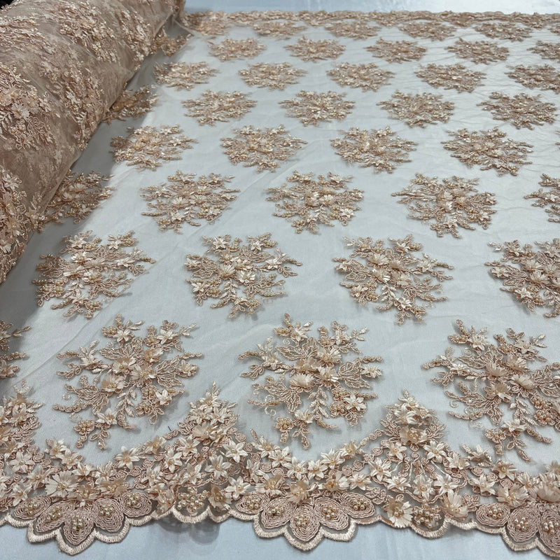 Beaded 3D Floral Lace Fabric Embroidered on 100% Polyester Net Mesh | Spandex Palace