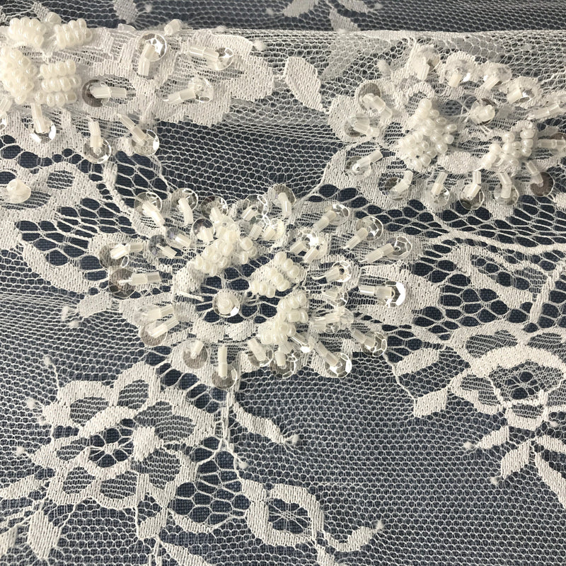 Beaded Chantilly Embroidered Lace Fabric with Eyelash Scallop | Lace USA - 68139W-BP