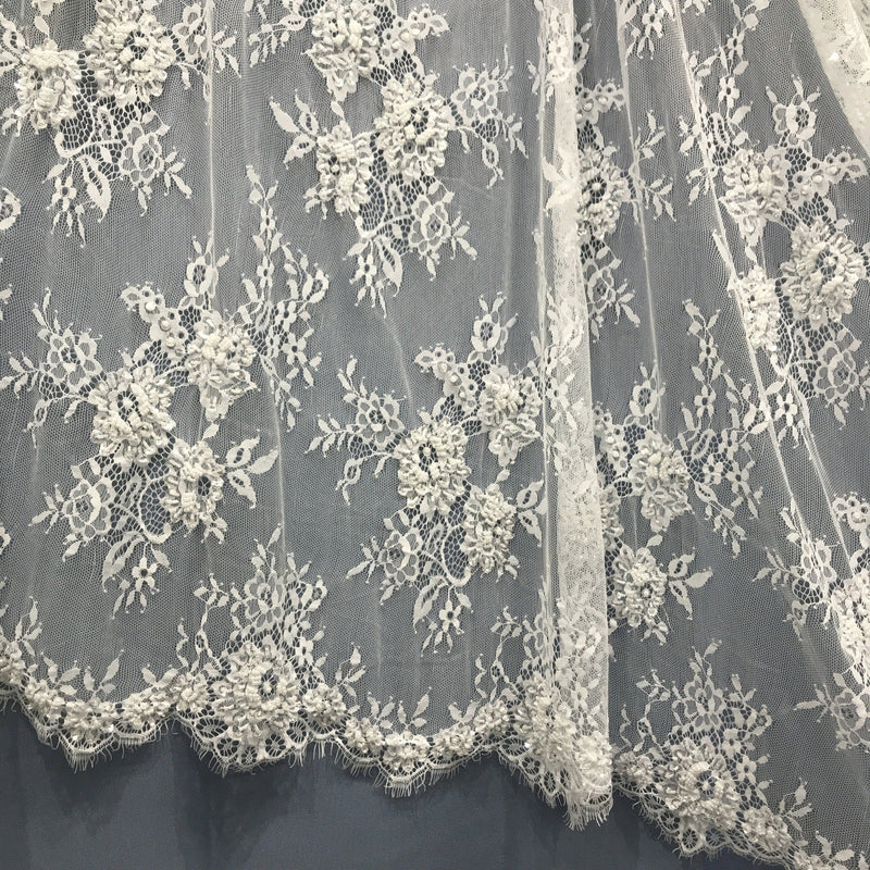 Beaded Chantilly Embroidered Lace Fabric with Eyelash Scallop | Lace USA - 68139W-BP